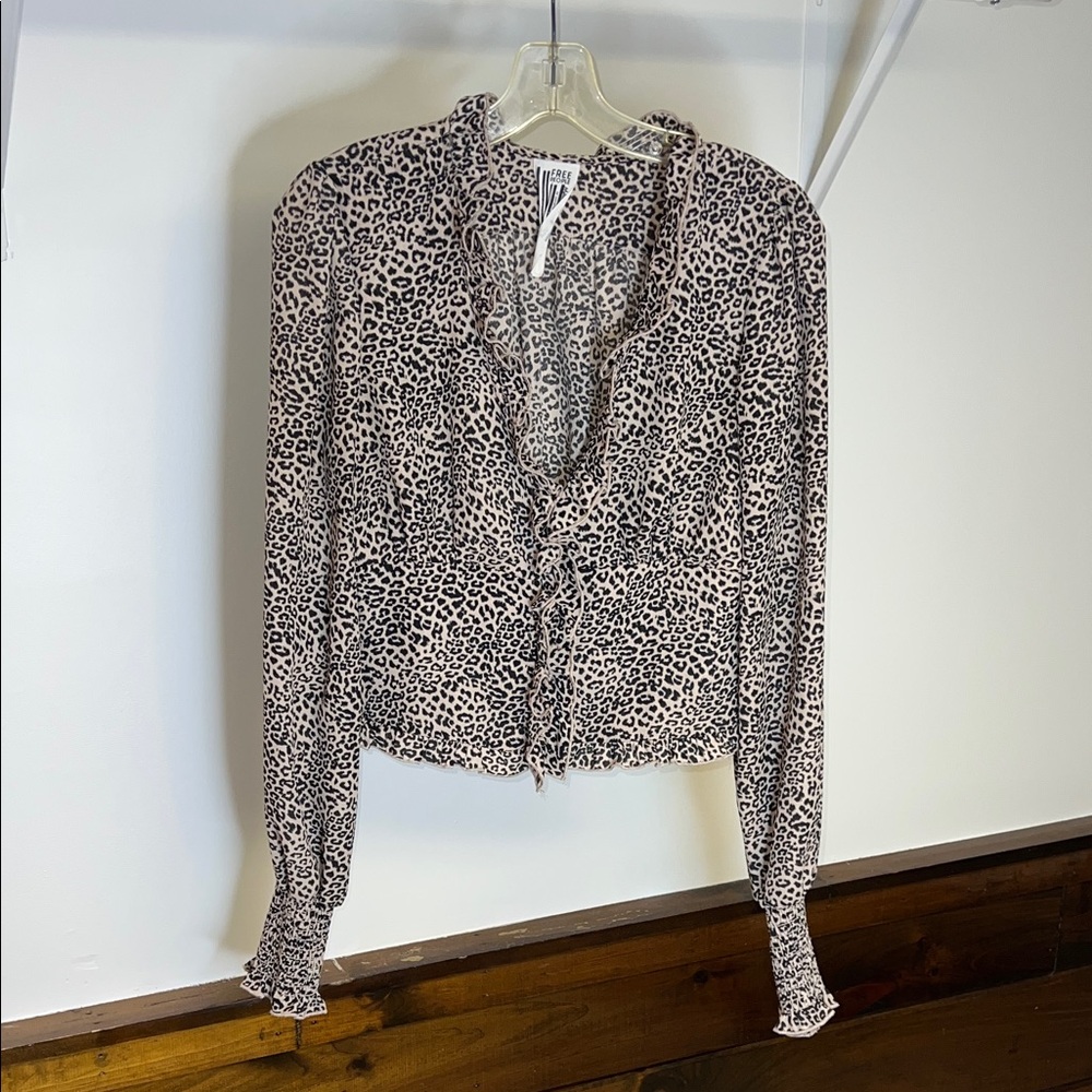 Free People Leopard Print Cropped Length Blouse - Small